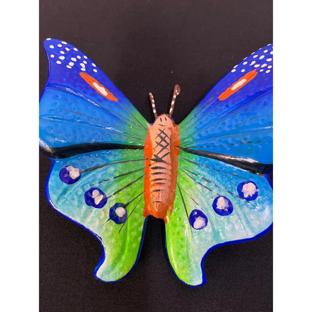 Hand Painted Ceramic Butterfly Wall Hanging Blue Green Folk Art Decor 5.5 Inch